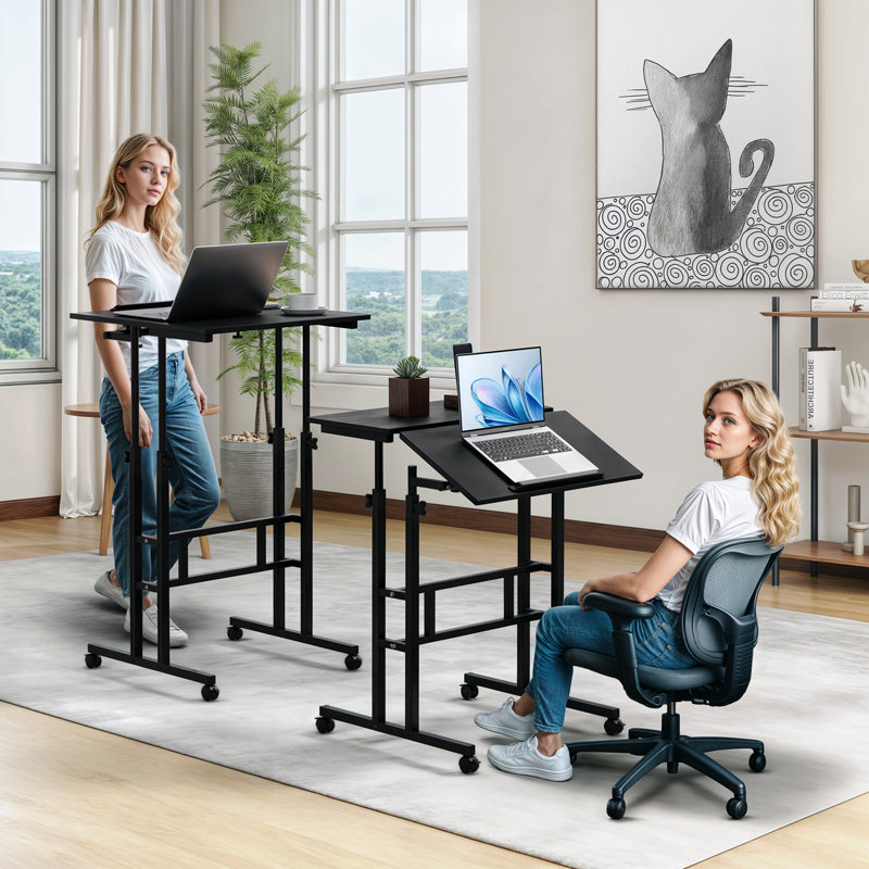 Mobile Computer Desk With Tilting Table, Adjustable Small Standing Desk W/ Monitor Shelf For Office, Black