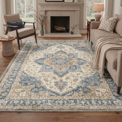 Tapis floral bleu / brun Abdullah, lavable à la machine, avec envers antidérapant
