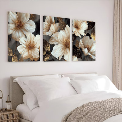 Tableau élégant à motif floral et feuille d'or sur toile tendue (paquet de 3)