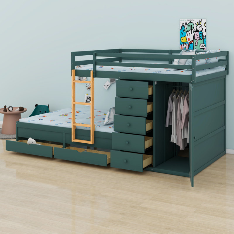 Wood Bunk Bed With Small Wardrobe And 2 Large 5 Small Storage Drawers, Morandi Green