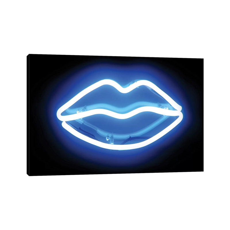 Neon Lips Blue on Black 1 Piece Wall Art on Canvas, 20.32 cm H x 30.48 cm W, Wrapped Canvas