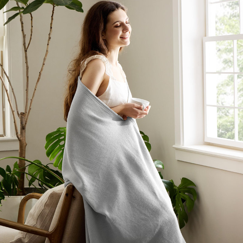 Bedsure 100% Cotton Blanket Soft Cozy Textured Herringbone Woven Blanket for All Seasons, Gray, King