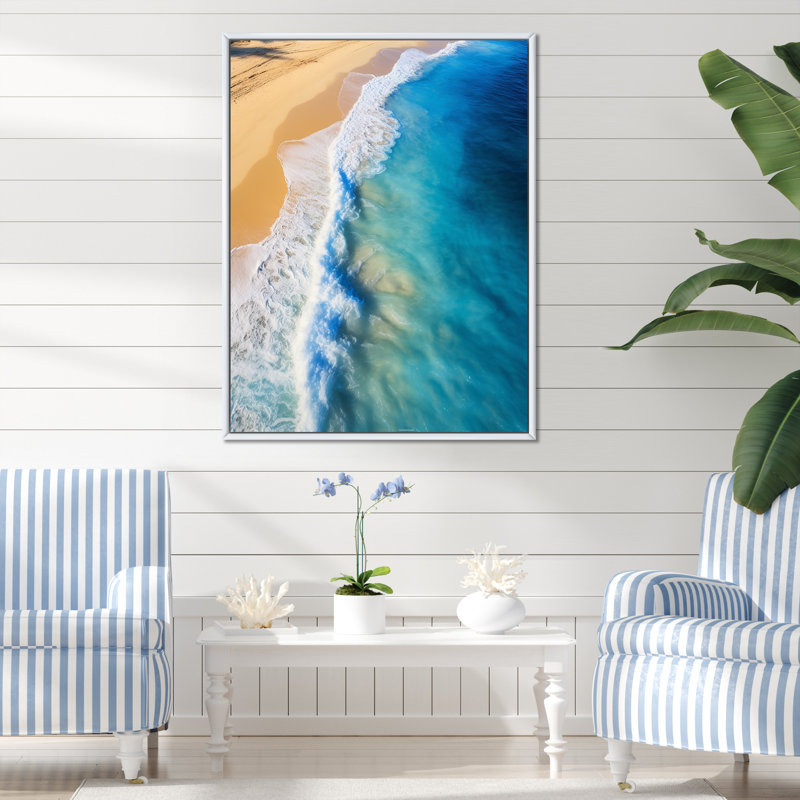 Vagues aériennes, plage, évasion I - art mural plage, Cadre simple blanc, H 44 po x l 34 po x P 1,5 po