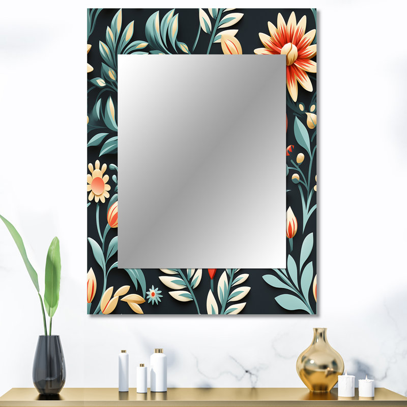 Sylee Tribal Green Damask Accents - damask  Mirror, Boho Unique Wall Mirror, Printed Metal Art, 40" x 30"