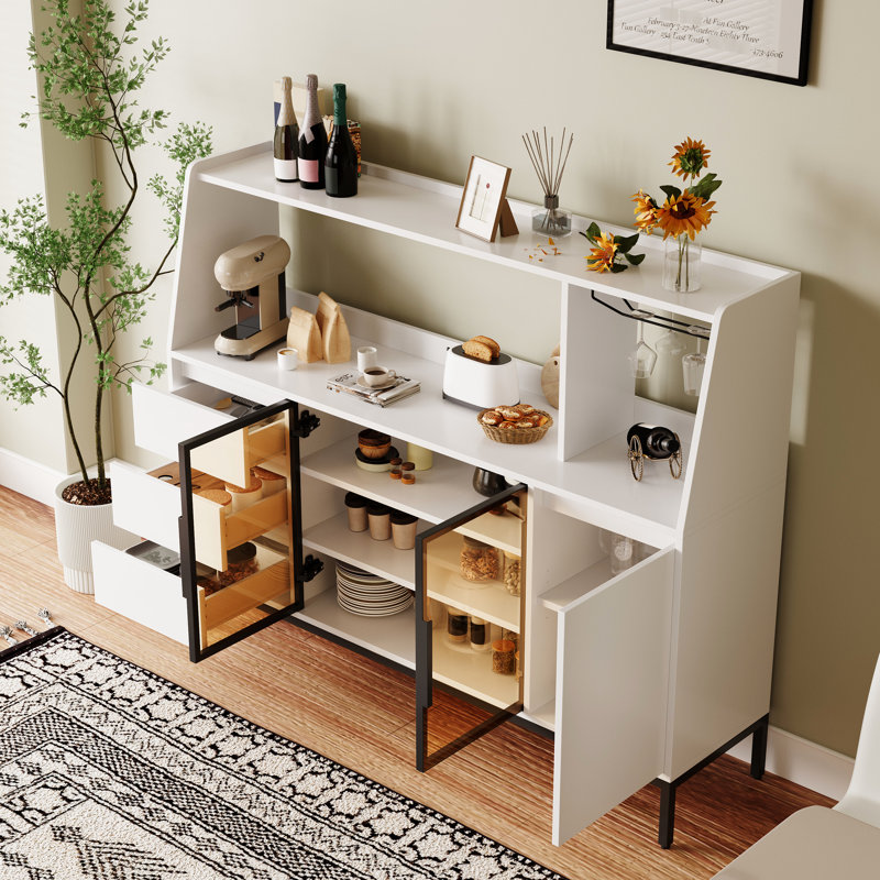 Grande armoire blanche à grande capacité avec 3 tiroirs, porte en verre et porte-gobelet pour rangement de vaisselle de cuisine, utilisation à long terme