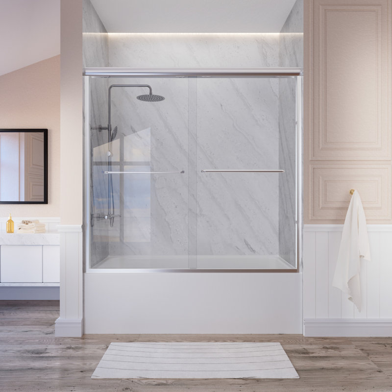 55" - 59'' W x 60'' H Double Sliding Door Semi-Frameless Tub Door With Two Towel Bars, Chrome