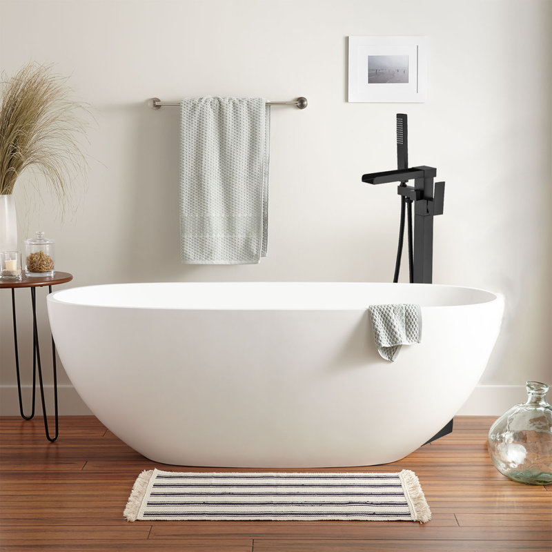 Single-Handle Floor Mount Freestanding Bathtub Faucet Waterfall Tub Filler With Handheld Shower, Matte Black