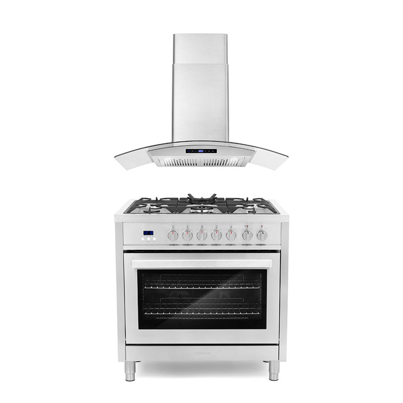 Cosmo 2 Piece Kitchen Appliance Package with 36'' Dual Fuel Freestanding Wall Mount Range Hood