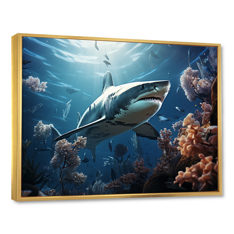 " Coral Sharks Ballet I ", 16" H x 32" W x 1" D, Gold Floater Framed