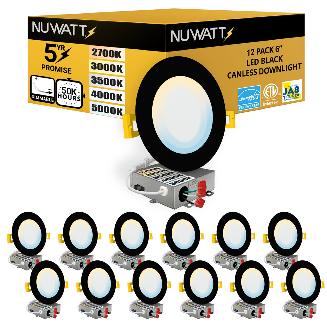 Panel Downlight 6'' Selectable Color Temperature Dimmable Air-Tight IC Rated LED Canless Recessed Lighting Kit (Set of 12) NUWATT 