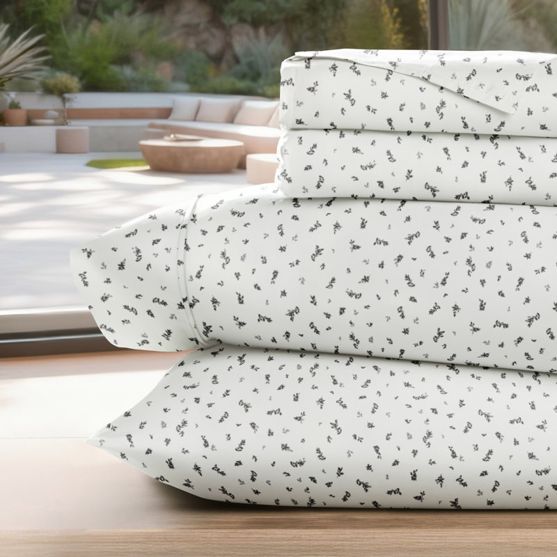 Violets Pattern Microfiber Sheet Set, Twin Sheet Set + 1 Fitted Sheet + 1 Pillowcase, Bernhardine Spotted Leaves