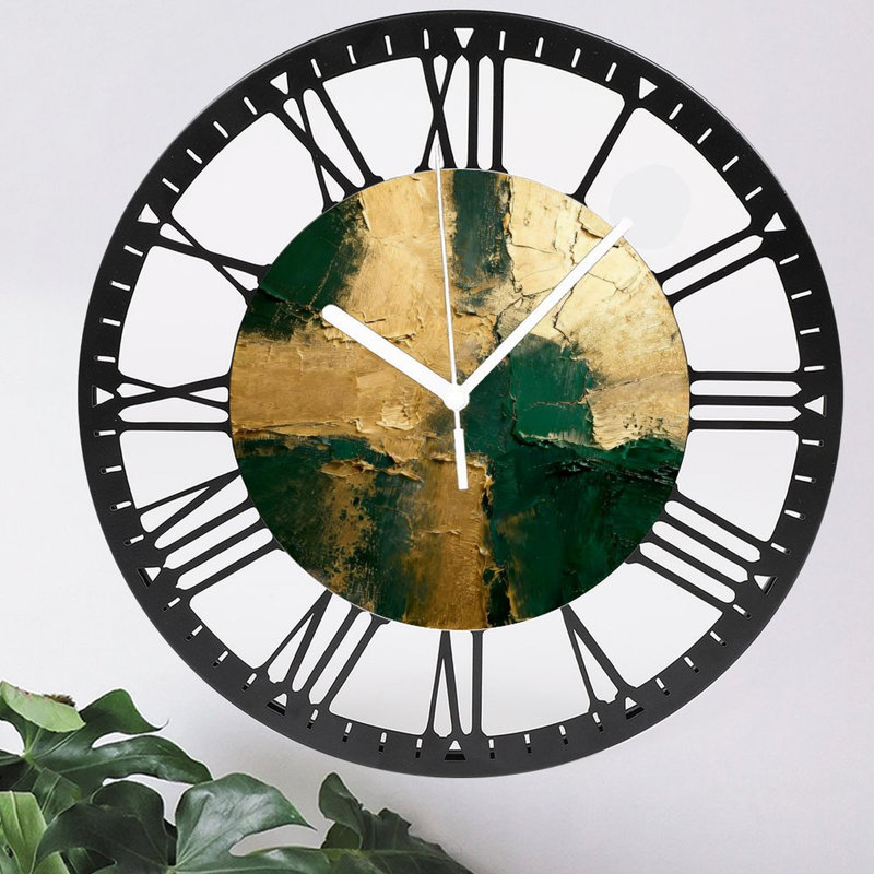Horloge murale ronde en fer 10 po avec mouvement à quartz silencieux, chiffres romains, impression UV, Or vert