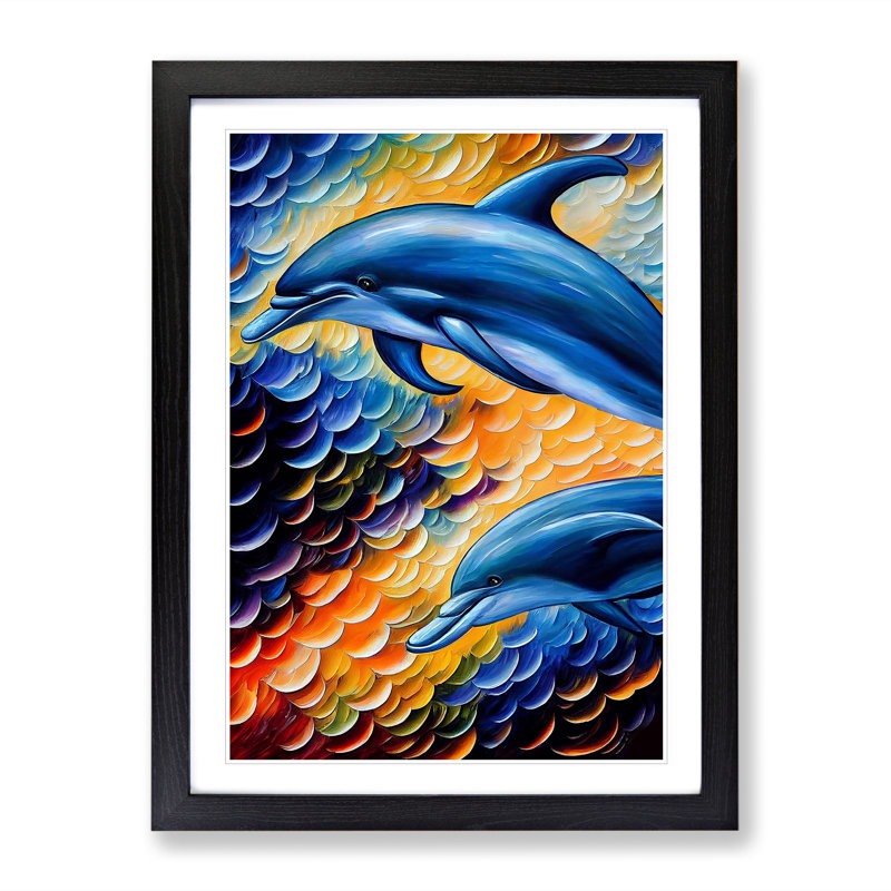 Two Dolphin No.1 - Wall Art, 46cm H x 34cm W x 2cm D, Paper Black Framed