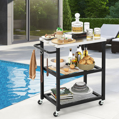 Ebern Designs 3-tier Outdoor Grill Cart On Wheels W/ Stainless Steel Top & Handle 3 Hooks Patio