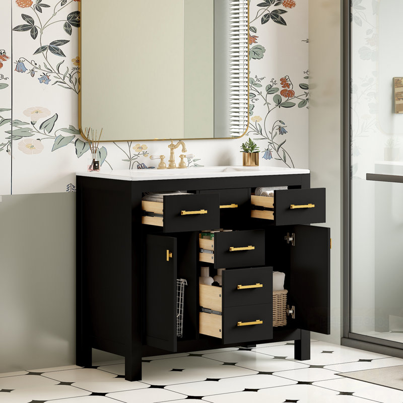 Meuble-lavabo avec lavabo en céramique, 4 tiroirs et 2 armoires, Noir