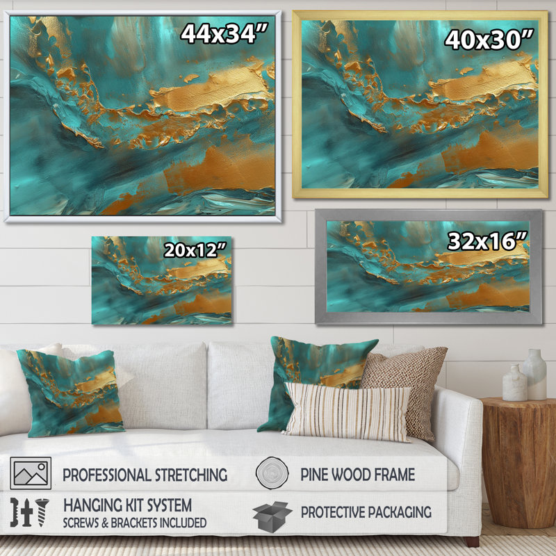 Golden Sunshine Wild Turquoise River Abstract I - peinture murale abstraite, Cadre simple blanc, H 24 po x l 32 po x P 1 po