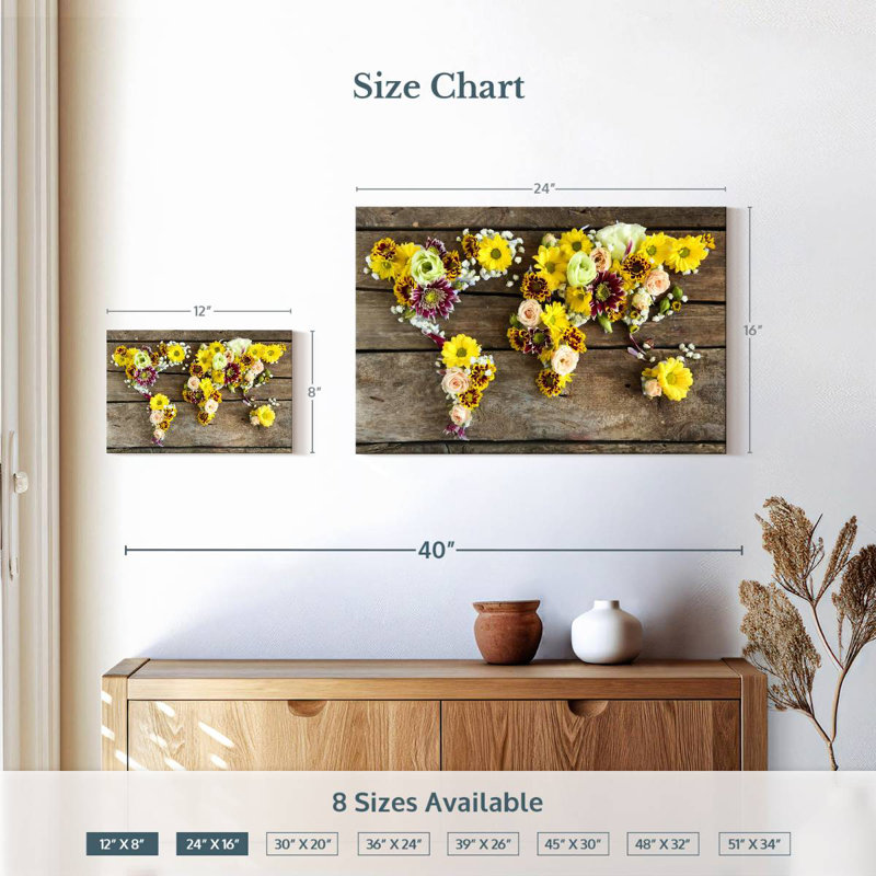 Aliaz Floral World Map, 16" H x 24" W