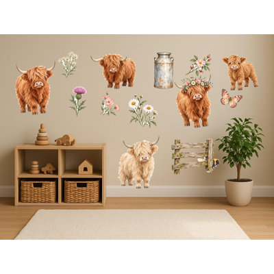 Highland Cow Wall Decals, Set of 14 Peel and Stick Nursery Wall Stickers, Satin Finish Removable Kids Room Wall Art, 20"W x 20"H (50 x 50 cm)