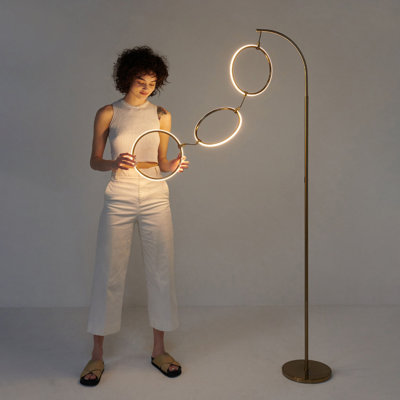 Nova 74" Modern Industrial Arched LED Floor Lamp with Gold Brass Finish, Hanging Ring Lights, and Built-In 3-Way Dimmer, Integrated Lighting