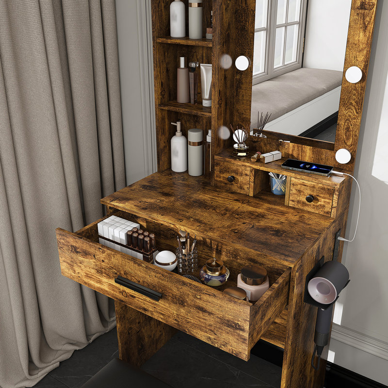 Table de coiffeuse avec miroir à DEL et tabouret, Noir, Brun