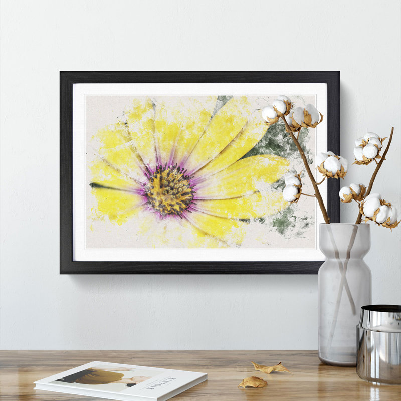 Yellow Gerbera Flower Watercolour - Framed Print, 62cm H x 87cm W x 2cm D, Black