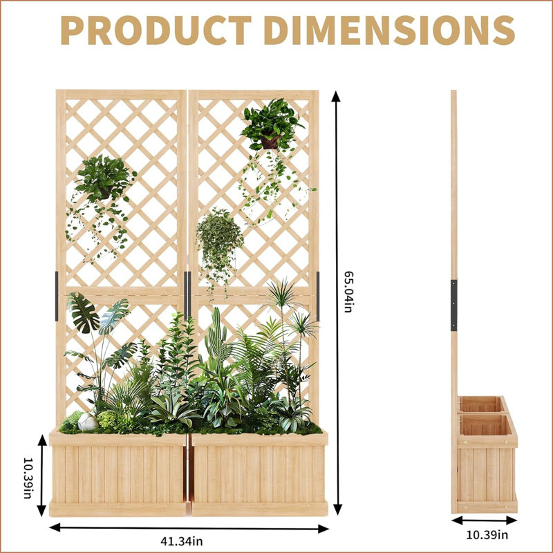 Natural Cedar Privacy Screen With Planter Box - 41"x10"x65" Freestanding Outdoor Fence Panel, 2 Hinged Garden Screens With Drain Holes, Raised Bed Kit For Patio, Deck & Backyard Landscaping
