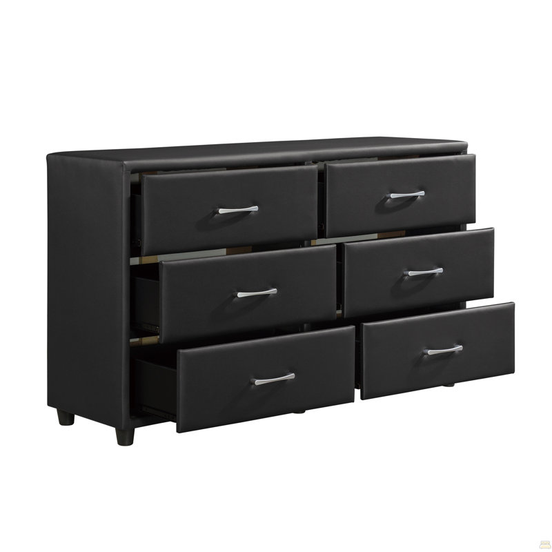 Commode noire 1Pc 6X tiroirs en similicuir revêtu de contreplaqué