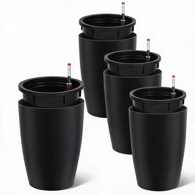 Self Watering Tall Planters Set of 4 – 16" Large Pots with Drainage & Water Level Gauge – Indoor/Outdoor Garden, Patio, Office – Black Flower Pots – Black