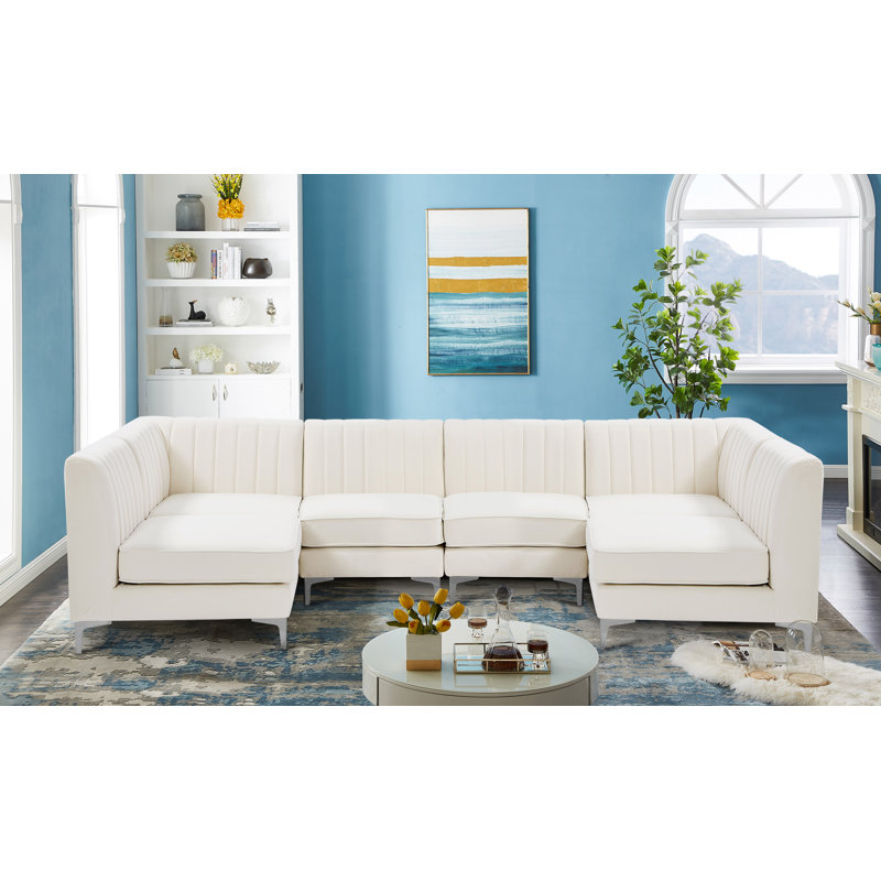 Canapé modulaire en velours réversible de 119 po de largeur Enson, Velours crème