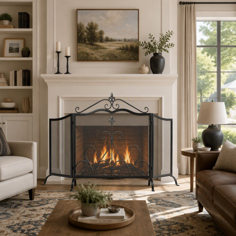 Pare-feu élégant en fer à trois panneaux pliables avec grille métallique décorative pour une protection optimale du foyer intérieur