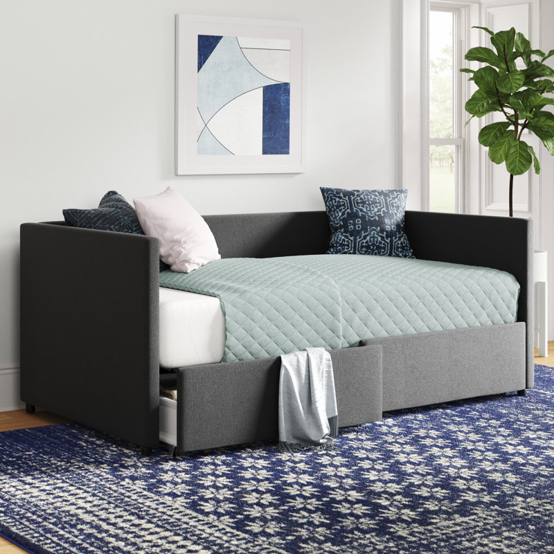 Dmitry Upholstered Daybed with Drawers, Gray, Full