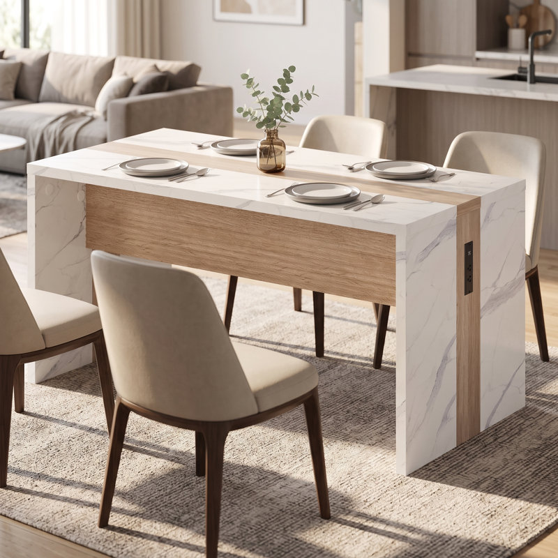 Table de salle à manger moderne à DEL avec finition en marbre, éclairage RVB intégré, synchro de musique, application et télécommande, table de cuisine intelligente avec prise de courant