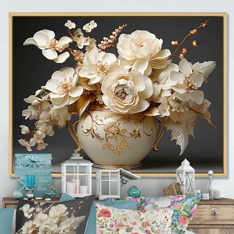 Impression sur toile Baroque Hydrangea blanc et or VII - Hydrangea, Cadre naturel flottant, H 12 po x l 20 po x P 1 po
