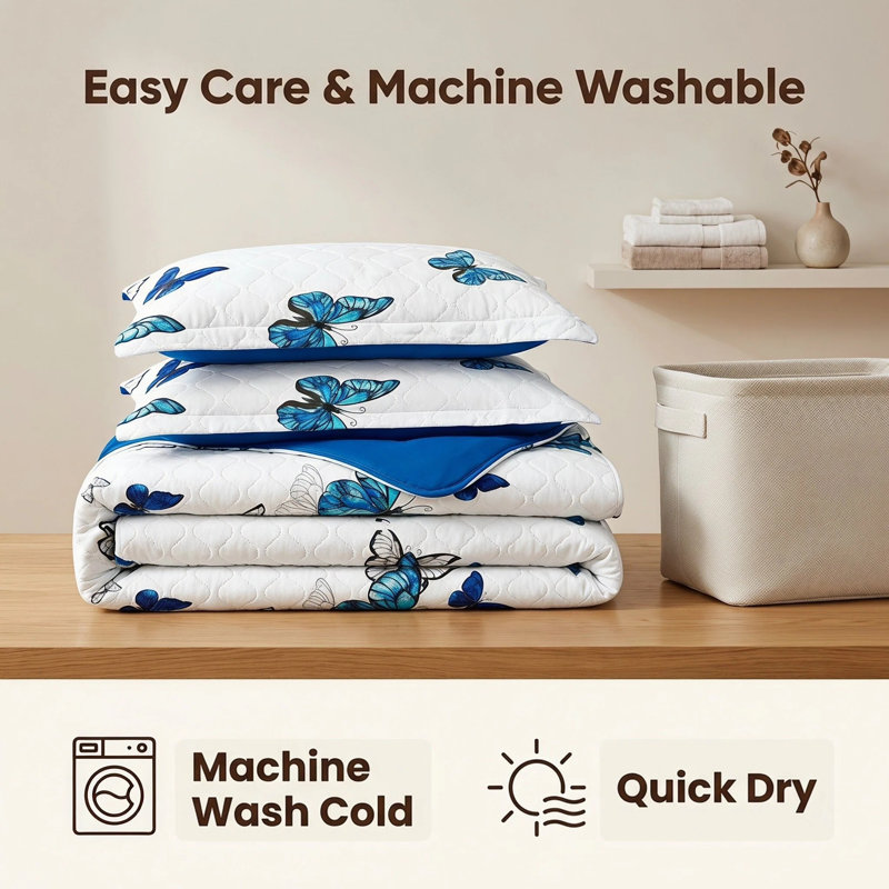 Ensemble de couvre-lit réversible 3 pièces en microfibre bleu royal à motif papillon avec 2 taies d'oreiller
