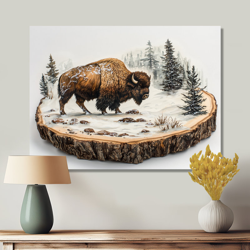 Marven Bison in Winter Forest Landscape II - Bison, art mural, H 16 po x l 32 po, Toile tendue sur cadre, Ne s’applique pas