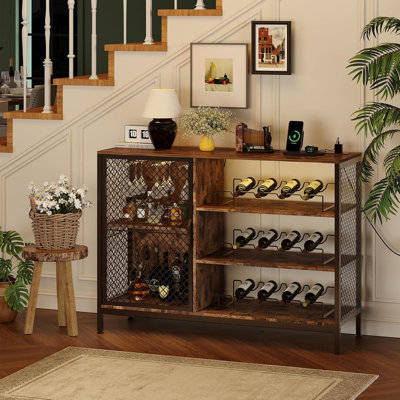 42" Industrial Coffee Bar Cabinet with LED Lights, Power Outlets & Wine Storage, Rustic Brown by Wrought Studio