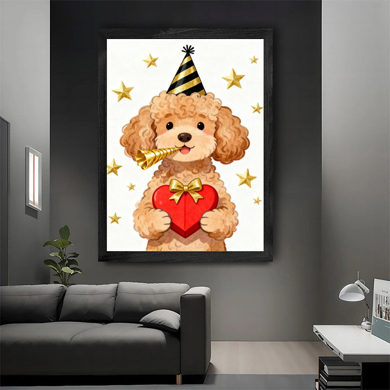 Cadre noir encadré noir fantaisiste caniche, H 37 po x l 25 po