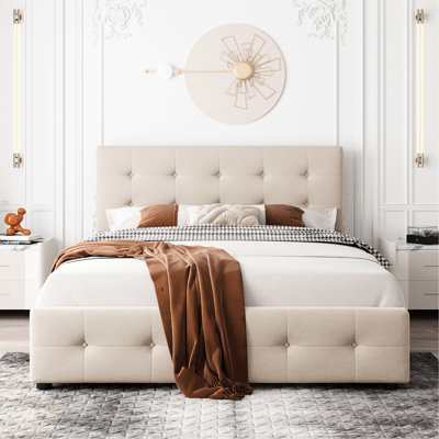 Beige Upholstered Platform Bed With 4 Drawers And Button Headboard, No Box Spring, Solid Particle Board Frame Queen Size Elegant Appeal -