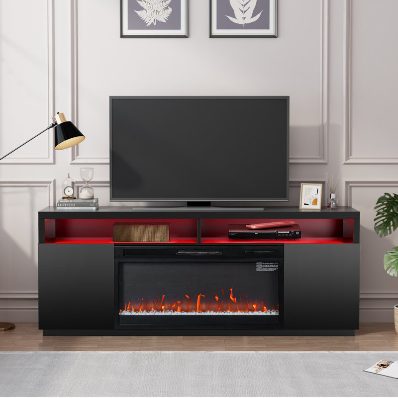 68" Media Console Fireplace TV Stand For TV Up To 78" with Electric Fireplace and LED Lights, Black