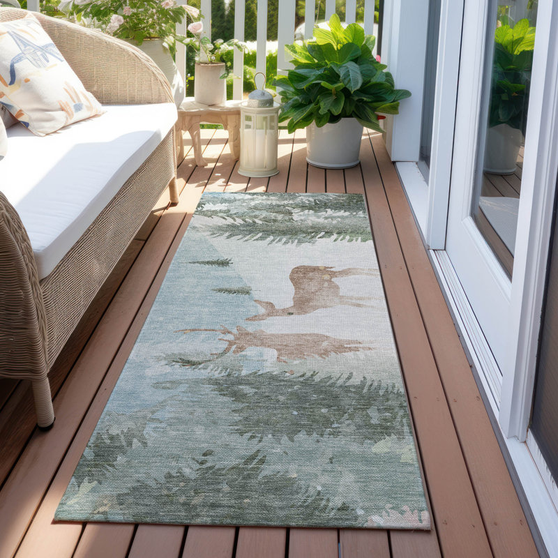 Washable Sky Blue and Green Reindeer Runner Rug