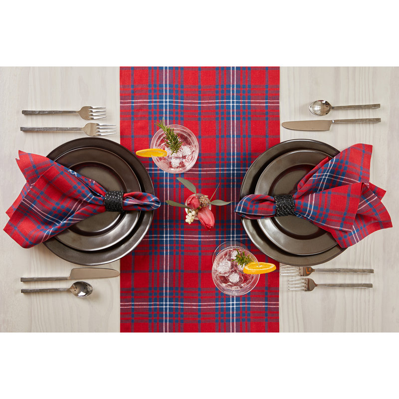 Red and Navy Plaid Linen Table Runner, 14 x 36 Inch