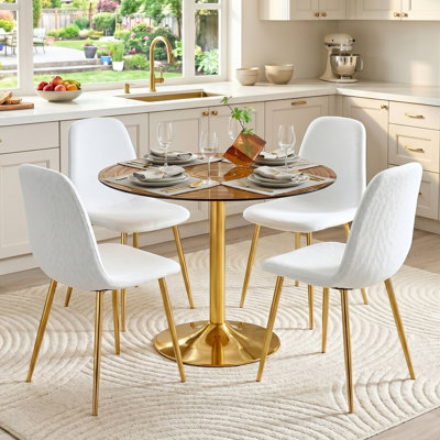 5 - Piece Modern Glam Dining Set With 35" Round Tawny Ripple Glass Table And 4 White Textured Fabric Chairs, Gold Tulip Pedestal Base
