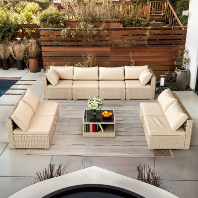 -piece boho patio furniture set: all-weather outdoor conversation sectional sofa with water-resistant grey thick cushions, luxurious