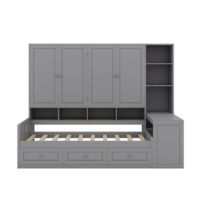 Lit de jour simple en bois avec trois tiroirs, armoire, bureau et tablettes, Gris