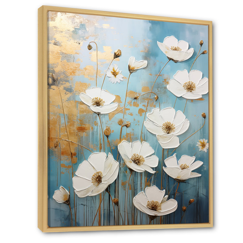 Minimalisme bleu blanc Buttercups I - Buttercups, reproduction sur toile, Cadre naturel flottant, H 32 po x l 24 po x P 1 po