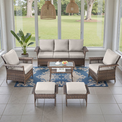 Ensemble de mobilier d'extérieur en osier 6 pièces avec méridienne, table basse et repose-pieds Anferney