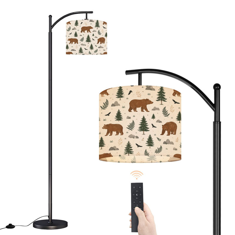 Lampe sur pied à arc avec abat-jour ajustable Silhouette ours marchant brume forêt de pin Lampe sur pied