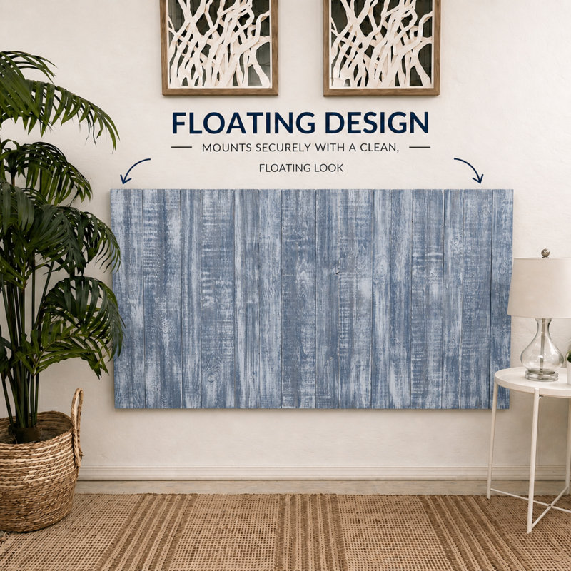 Nai Floating Headboard Solid Wood Wall Mount Blue Stonewash, Queen