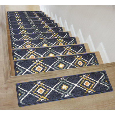 Tapis d'escalier bleu / brun 9 po x 28 po Ludwick Sofihas