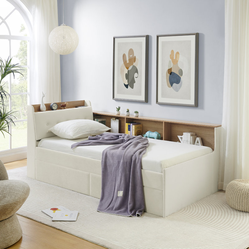  Lit de jour simple avec tête de lit, chargement sans fil, tiroirs et éclairage, revêtement en velours, beige, Beige